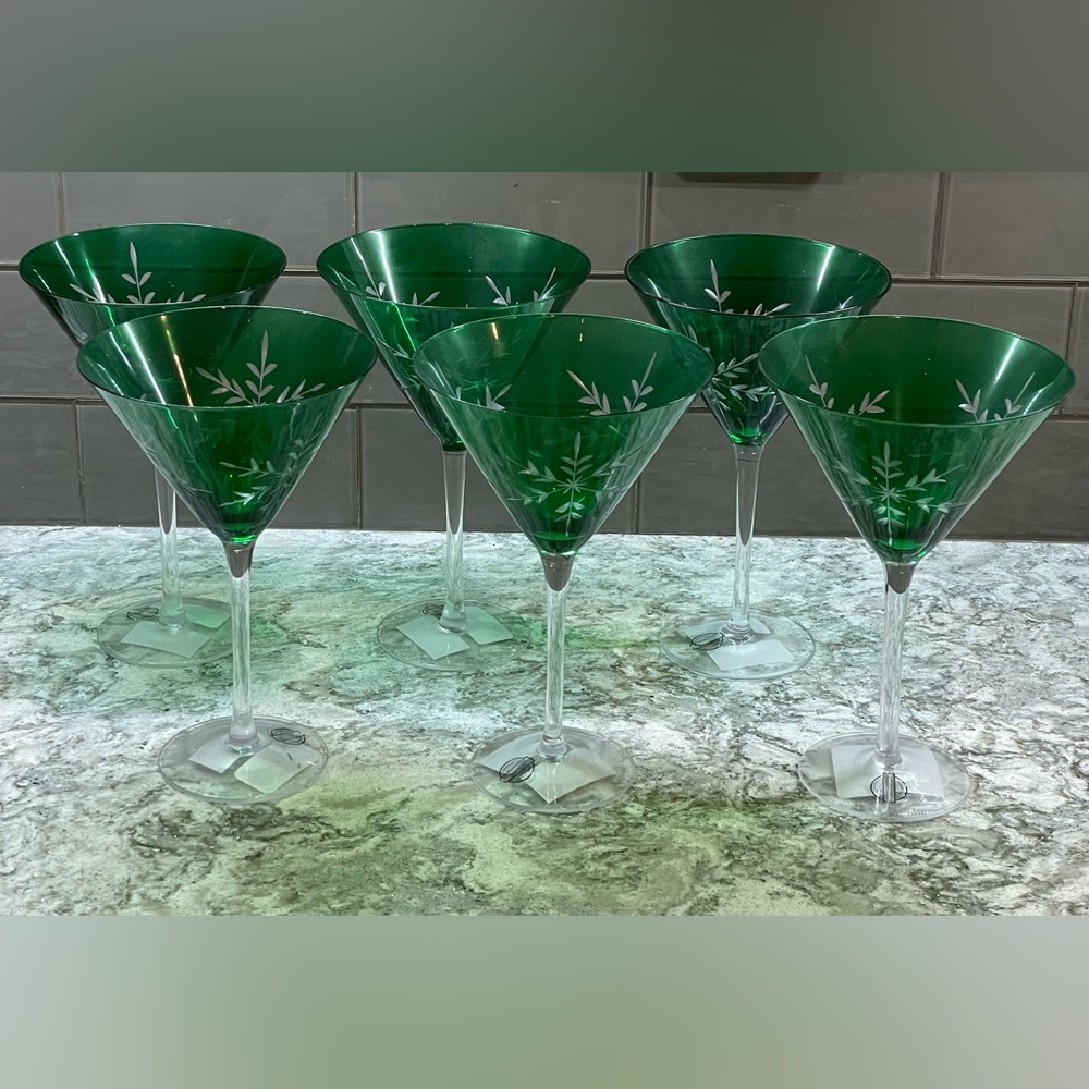 Green Etched Snowflake Martini Glasses